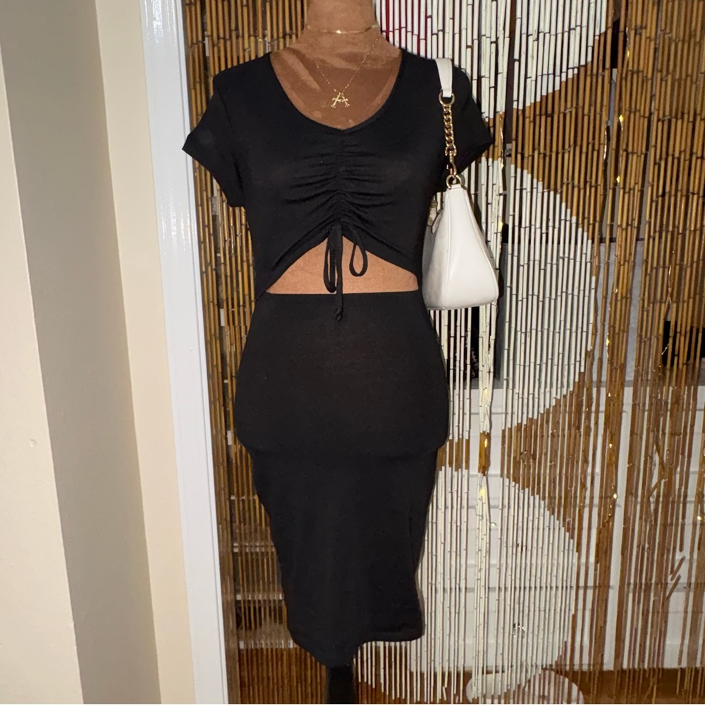 Olivia Rae Black Midi Dress with Ruched Detail
